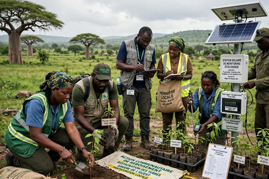 Équipe plantant de jeunes arbres près d'une station de suivi