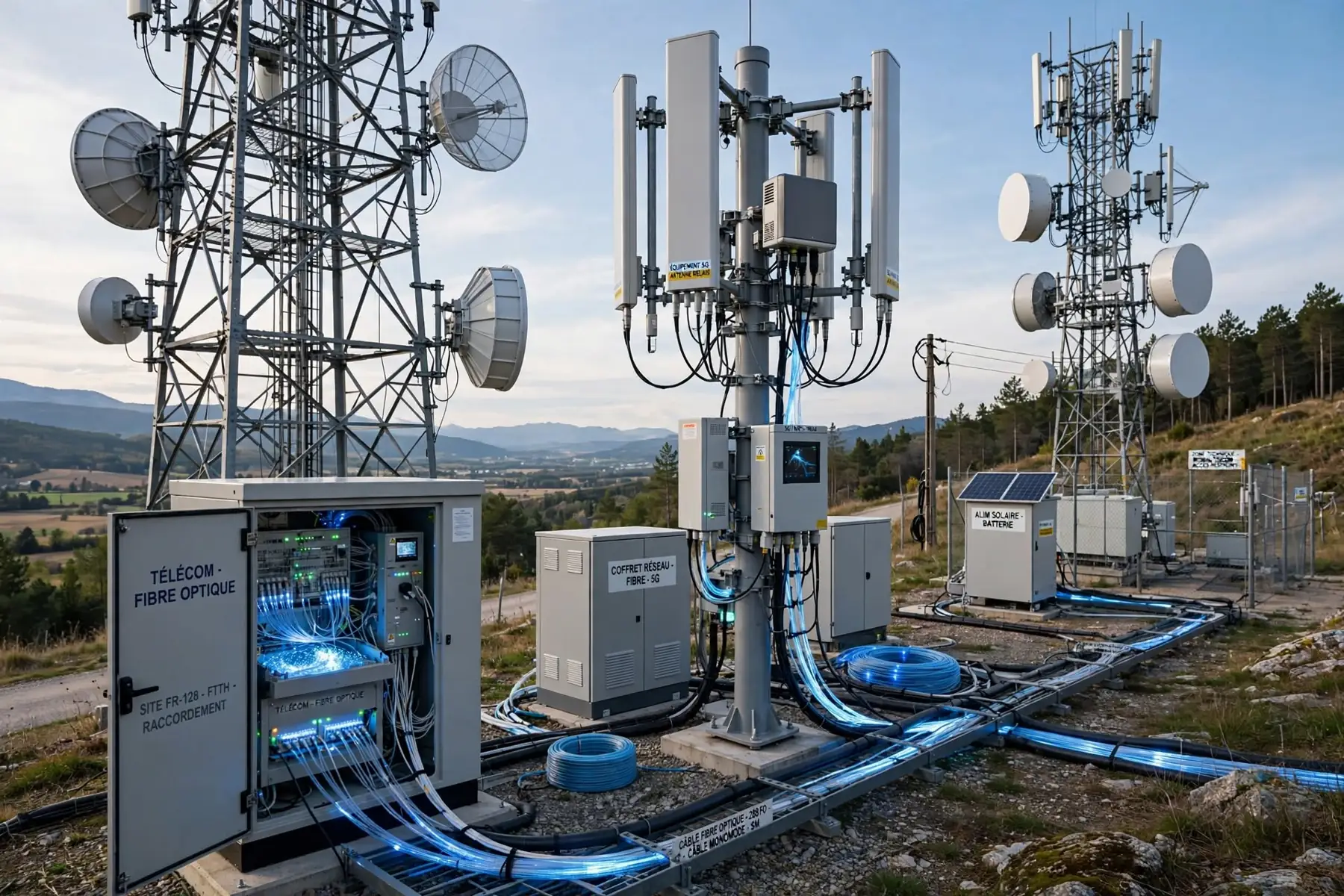 Pylônes d'antennes télécoms et armoires techniques reliées par fibre