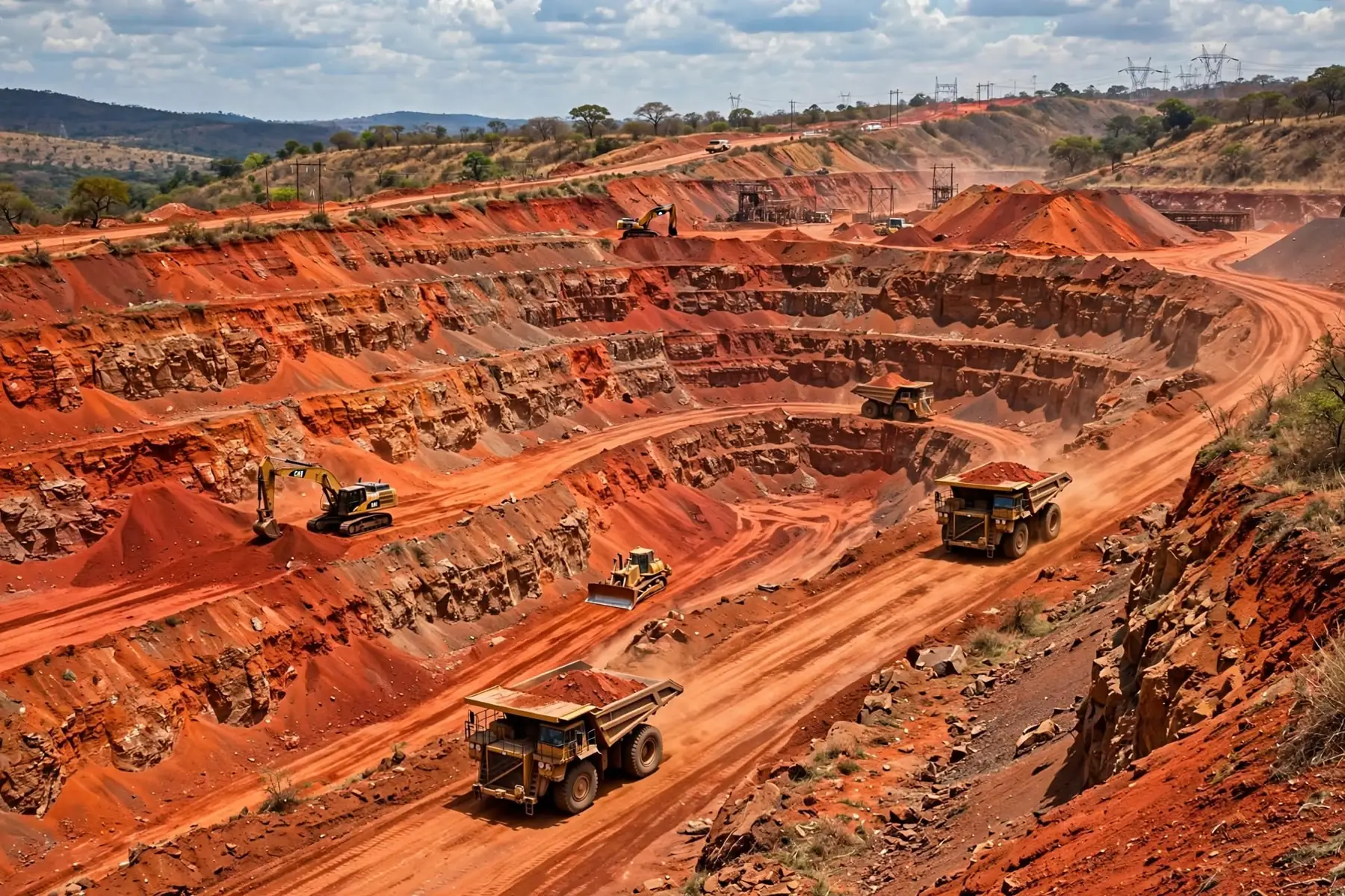 Mine de bauxite à ciel ouvert avec camions et engins