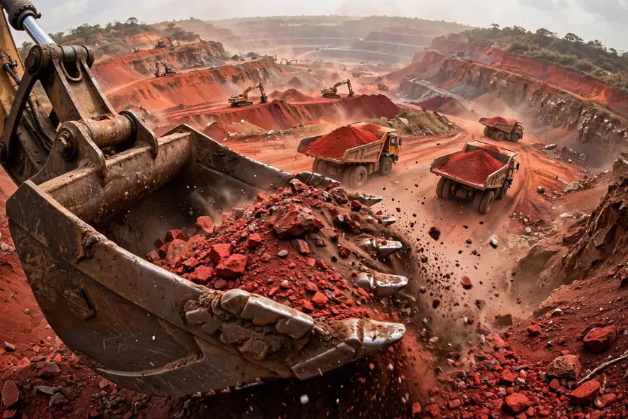 Godet d'une pelle chargé de minerai rouge