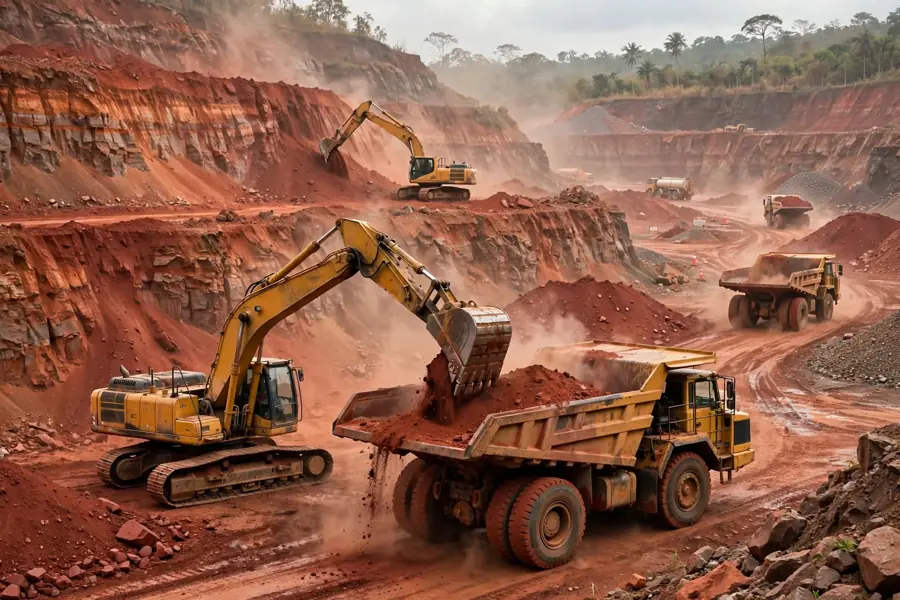 Pelle hydraulique chargeant un tombereau dans une mine de bauxite