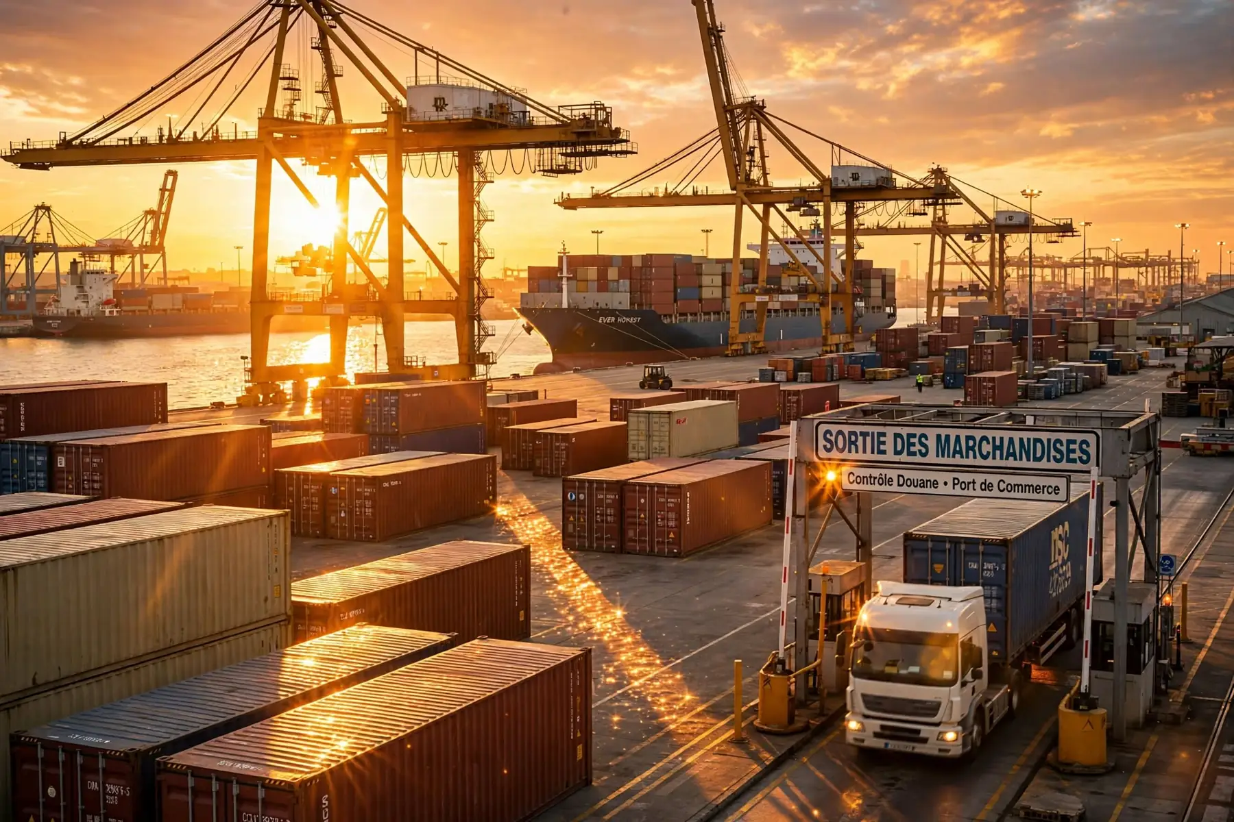 Terminal à conteneurs d'un port au coucher du soleil
