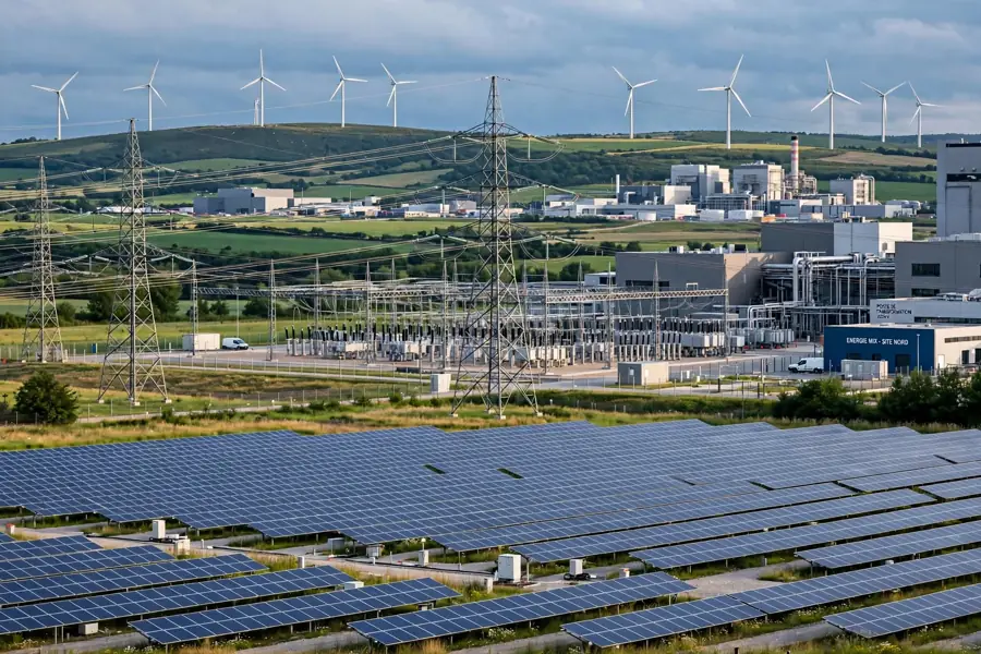 Parc solaire, poste électrique et éoliennes au loin